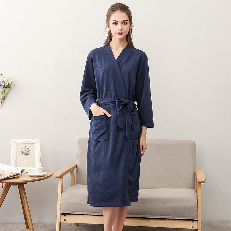 Frauen Sommer 2021 Langer Weicher Bademantel Pyjama Kimono Solide Waffel Bademantel Mit Schärpen Morgenmantel Nachtwäsche Weibliche Homewear