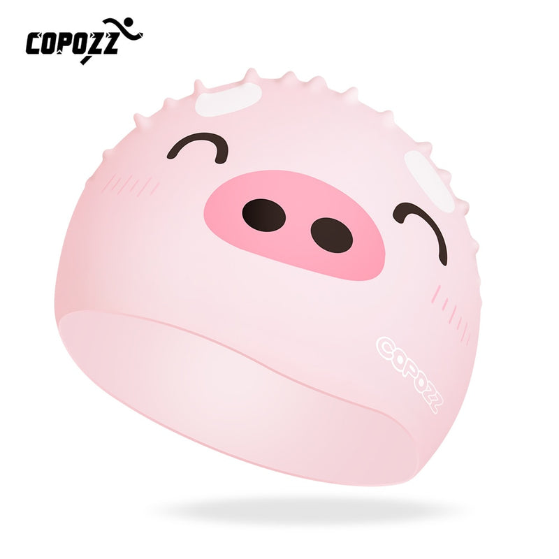 COPOZZ Kids swimming caps Cartoon Cute pig cat for Boys&amp;Girls Elastic Waterproof Ear Protection 4-12y Swim Pool Hat one size