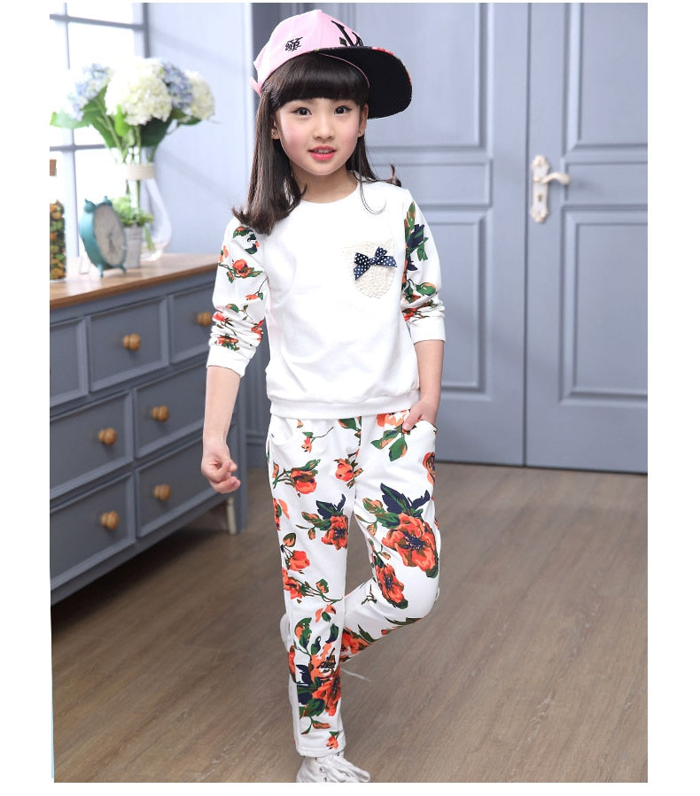 Winter Children Clothing Sets for Girls Floral Baby Girl Clothes Cotton Kids Tracksuit Sweatshirt+Pants Christma Costume Outfit