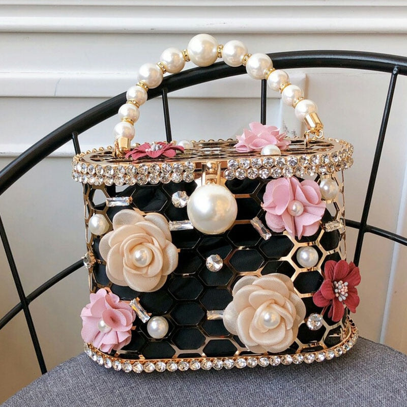 Bolso de mano de lujo con diseño de cesta calada de alta calidad para fiesta, bolsos de mano con diamantes y perlas para mujer, bolso de noche, bolsos de moda, bolso de diseñador