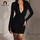 INGOO Pleated Slim Turn-Down Collar Shirt Dress Women Casual Long Sleeve Button Up Mini Dresses Bodycon Solid Elegant Streetwear