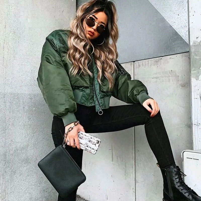 2020 stylish lady autumn winter za green short jackets women fashion long sleeve zipper bomber jacket outwear women's coat