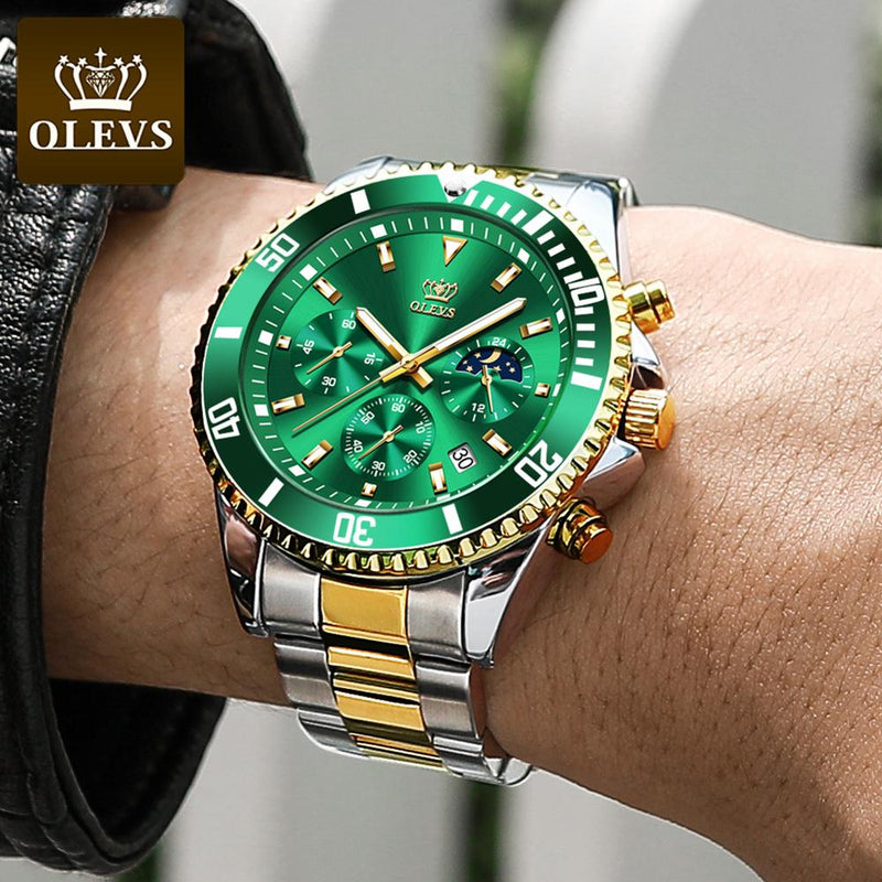 Relojes OLEVS de cuarzo con cronógrafo para hombre, relojes de acero inoxidable de lujo con esfera verde para hombre, reloj Masculino luminoso resistente al agua