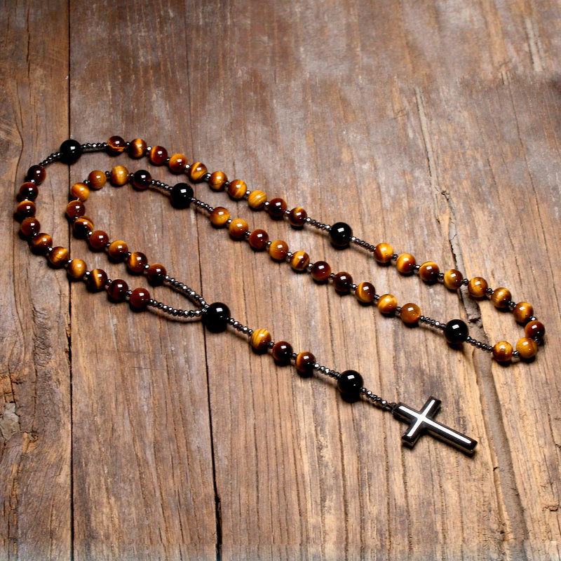 Natural Tiger Eye Stone Catholic Christ Rosary Necklaces For Women Men Hematite Cross Pendant Mala Jewelry