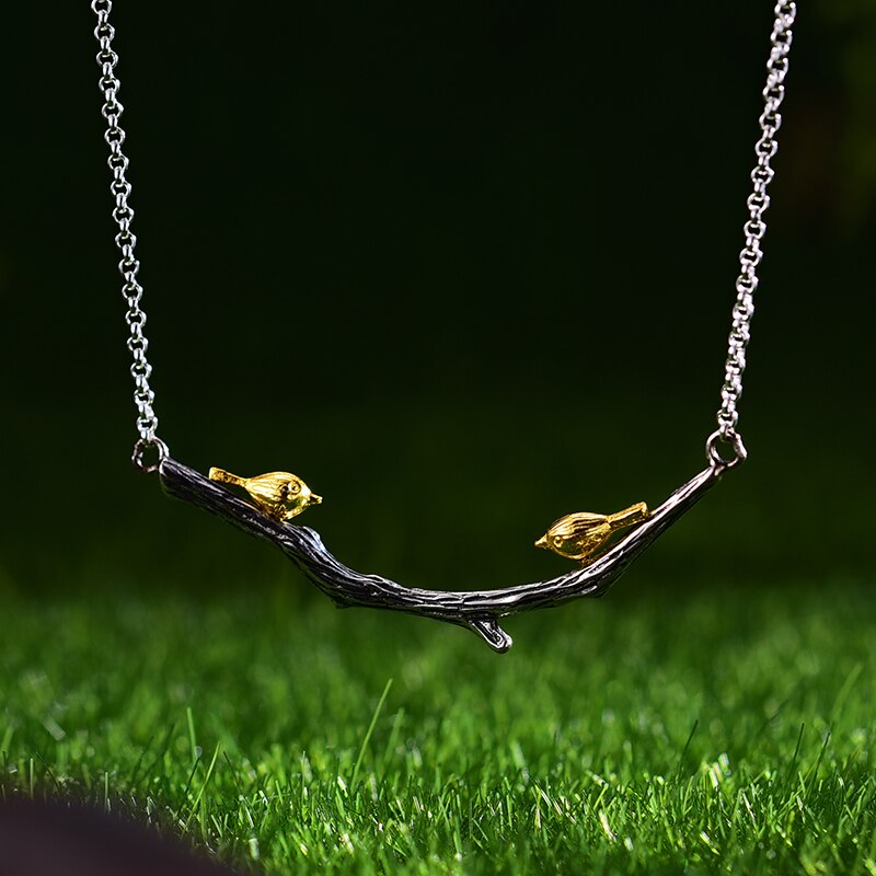Lotus Fun Plata de Ley 925 auténtica, joyería fina hecha a mano Original Natural, collar de pájaro en rama de oro de 18 quilates para mujer, bisutería de regalo