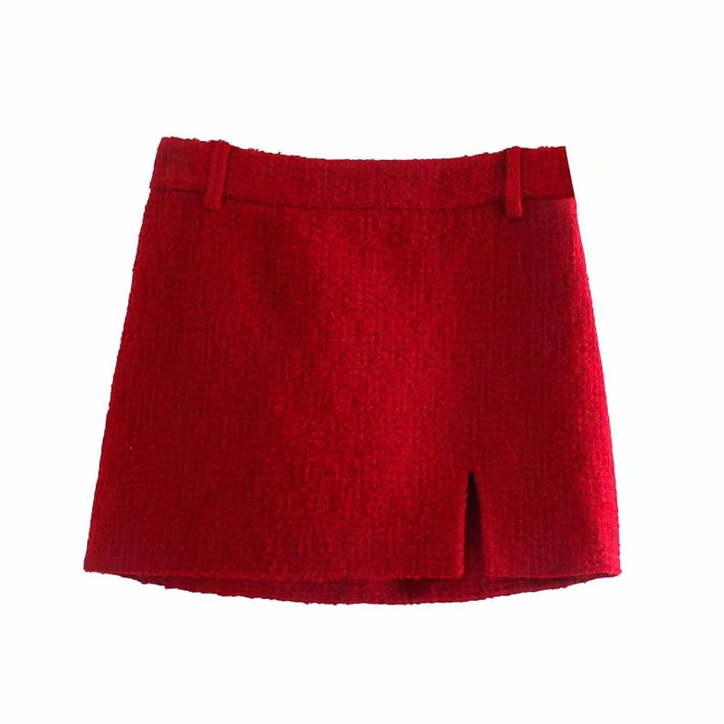 xikom 2021 Tweed Zweiteiliges Set Frauen rot Vintage O-Ausschnitt Langarm Büro Dame dünner Blazer Mantel weibliche Hight Taille Rockanzug