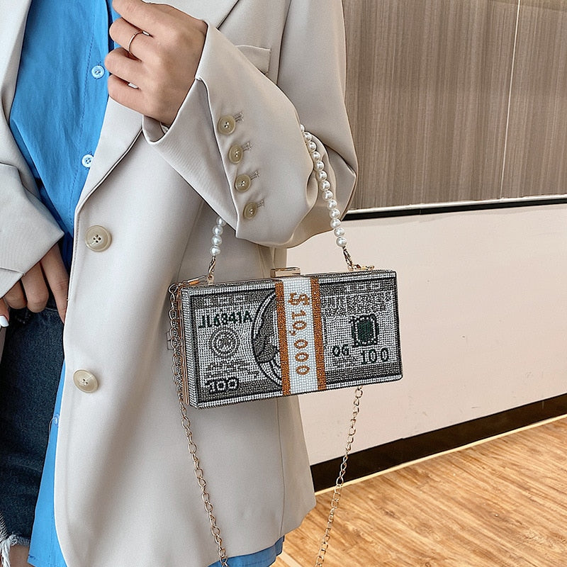 Stack of Cash Women Diamond Money Dinner Purses and Handbags Evening Clutch Bags for Female Chain Luxury Wedding Flaps Totes