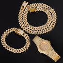 Necklace +Watch+Bracelet Hip Hop Miami Curb Cuban Chain Gold Color Iced Out Paved Rhinestones CZ Bling Rapper For Men Jewelry