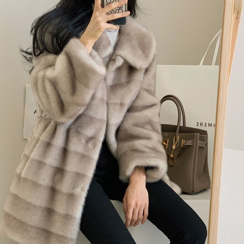 Long Jacket Women Winter 2022 Femme Veste Faux Fur Coat Mink Turn-down Collar Stripe Clothes Warm Plush Jacket Furry Overcoat