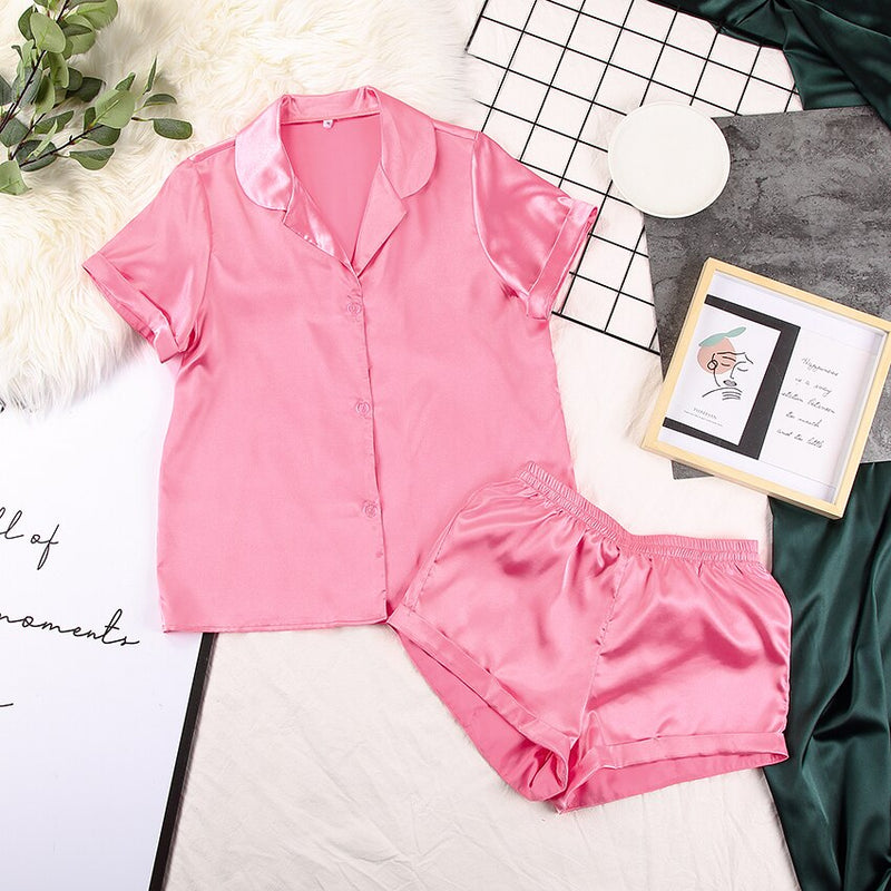 HiLoc Solid Satin Sleepwear Silk Pajamas Set Top And Shorts Two Piece Set Pyjamas Women Pajama Short Sleeve Home Suit Casual