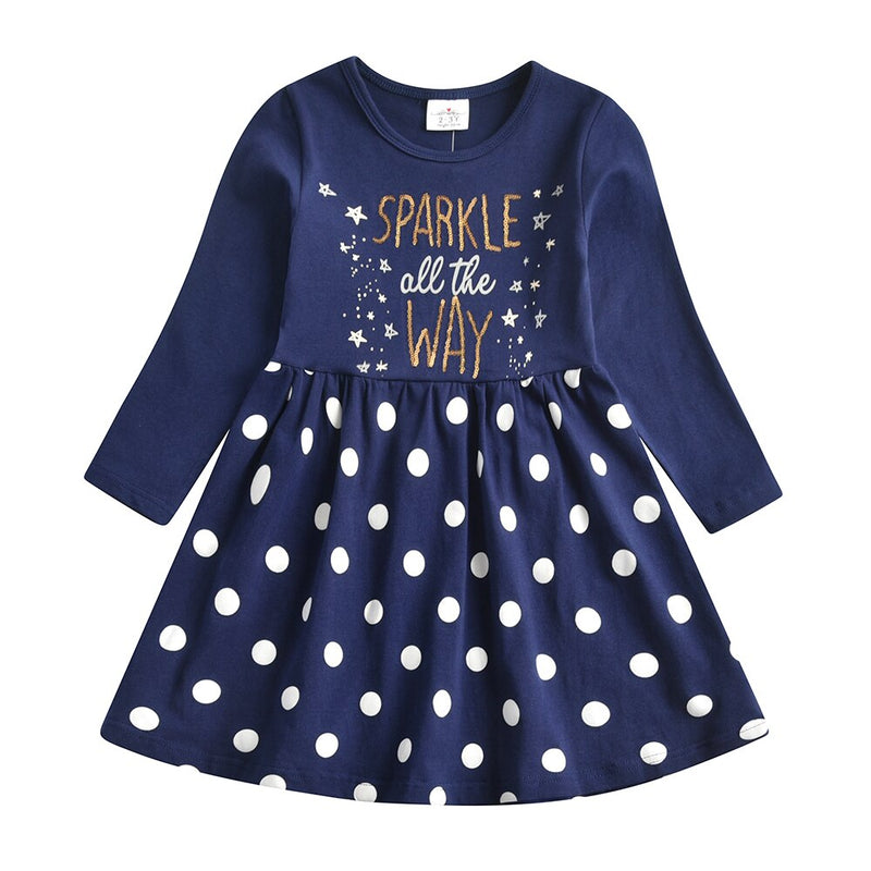 VIKITA Girls Cotton Dress Kids Cartoon Appliqued Vestidos Children Casual Wear Clothes Girls Long Sleeve Patchwork Dresses