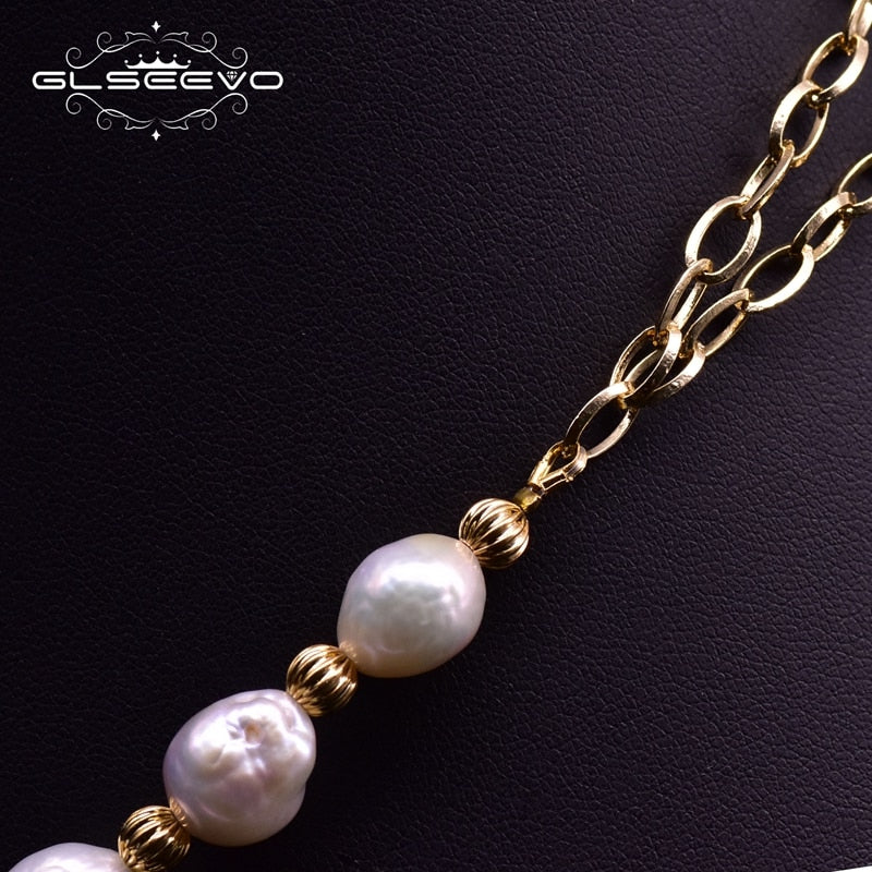 GLSEEVO Handmade Fresh Water Pearls 2 Layer Chains Asymmetry Pendant Necklace For Women Girls Bohemia Jewellery For Party GN0196