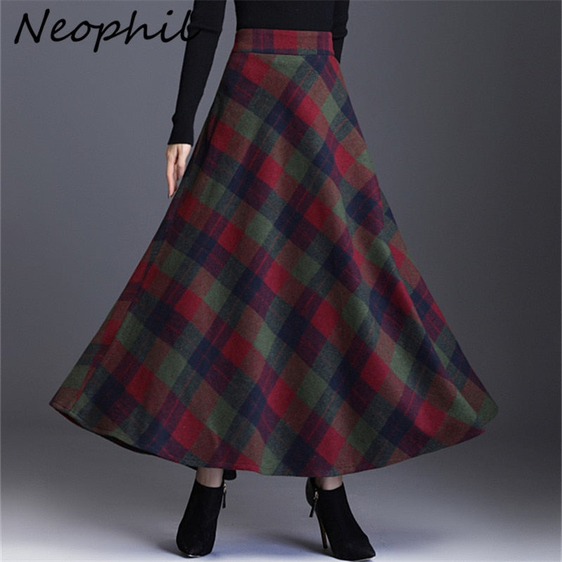 Neophil Woolen Warm S-3XL Dicker Karierter Rock 2022 Winter Damen England Stil Taschen Midi Plissee A-Linie Woll-Tartan-Rock S9216