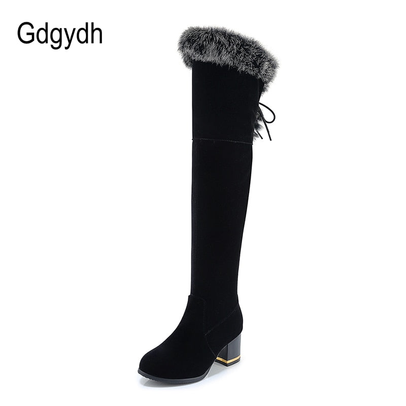 Gdgydh, botas de invierno de piel Natural para mujer, botas largas hasta la rodilla, zapatos de invierno de tacón cuadrado, suela de goma impermeable para mujer de talla grande 46