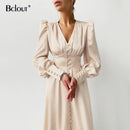 Bclout Elegant Satin Single-Breasted Shirt Dress Fashion Beige Slim V Neck Long Dresses Woman Latern Sleeve Autumn Winter Robe