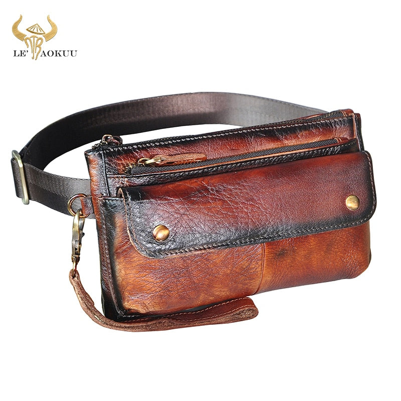 Cowhide Leather men Casual Fashion Travel Fanny Waist Belt Bag Chest Sling Bag Design Bum 7&quot; Phone Case Pouch Male 8136-G