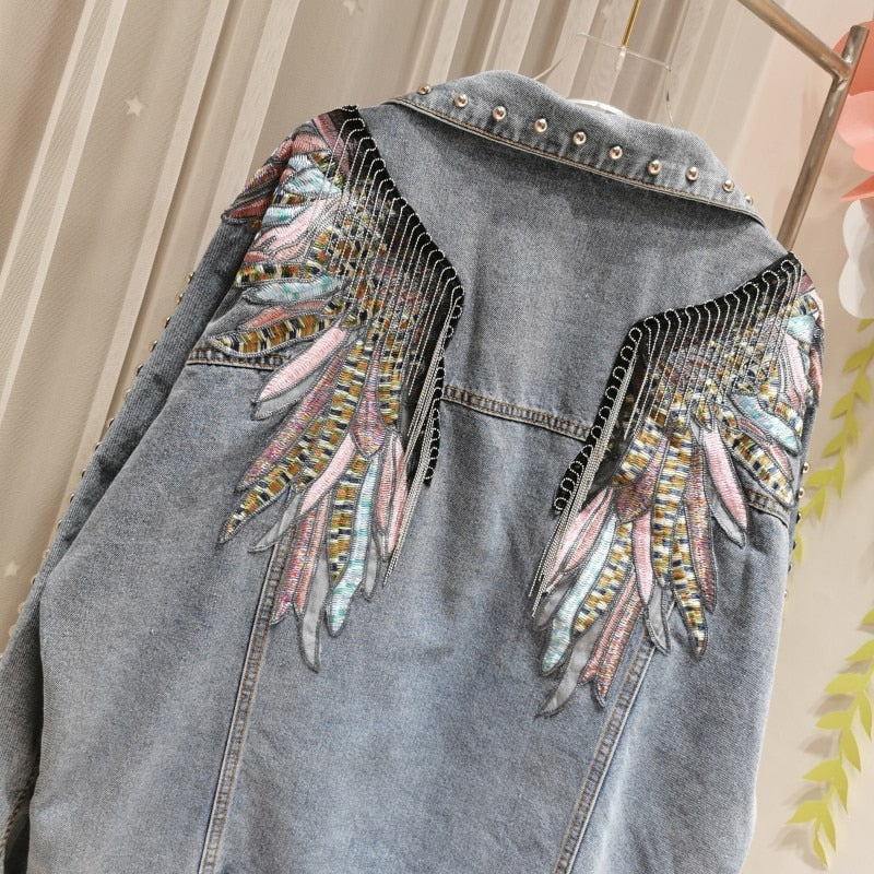 Rivet Wings Punk Coats Women Casual Embroidered Denim Jacket 2021 Sprint Short Denim Coat Jackets for Women Long Sleeve