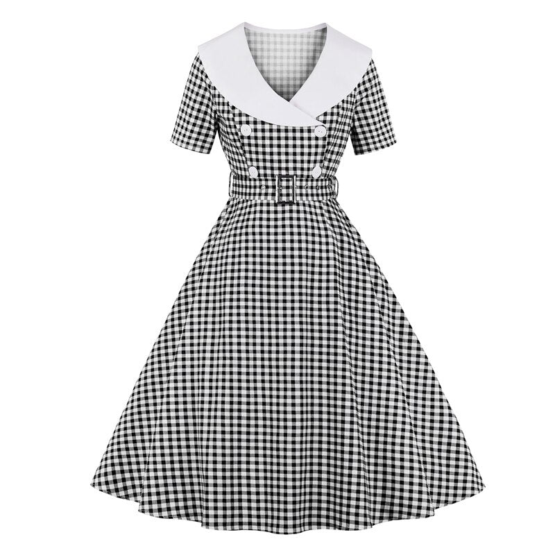 Tonval Gingham Print High Waist Vintage A Line Cotton Midi Dresses for Women Double-Breasted 1950S Rockabilly Plaid Dress