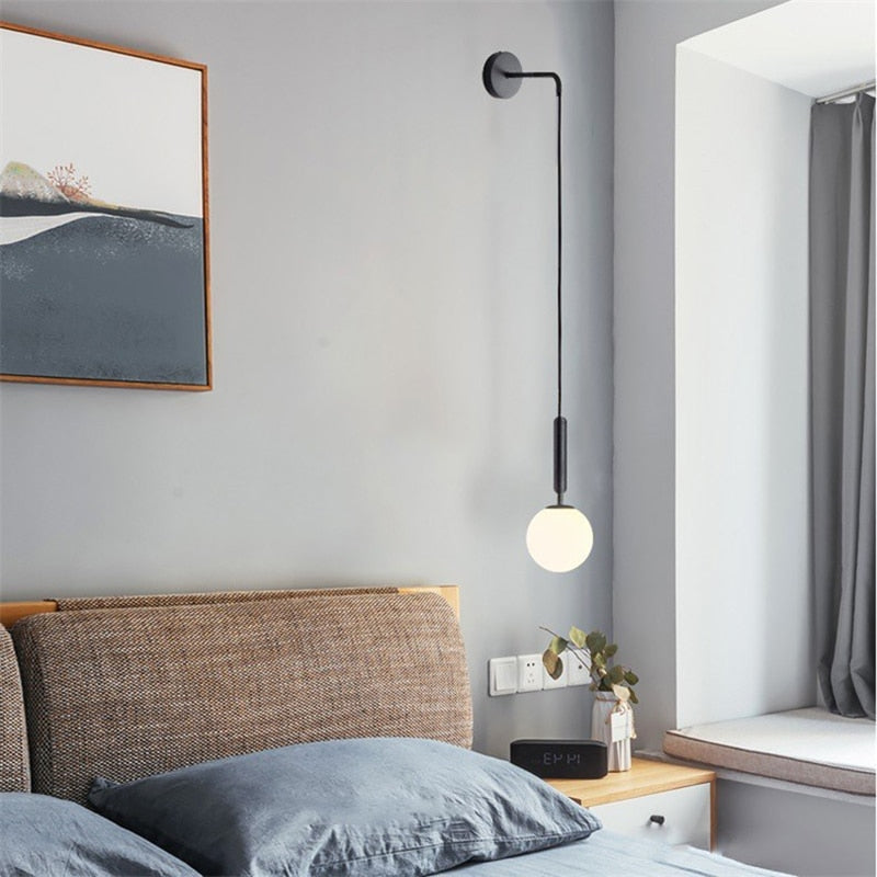 Lámpara de pared de cristal moderna, lámpara de lectura de cabecera escandinava, aplique redondo, luminaria mural, luces de pared Led nórdicas E27
