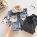 80-140 Cm Winter Girls Boys Thick Warm Fleece Waistcoat Baby Kids Children Jeans Denim Vest