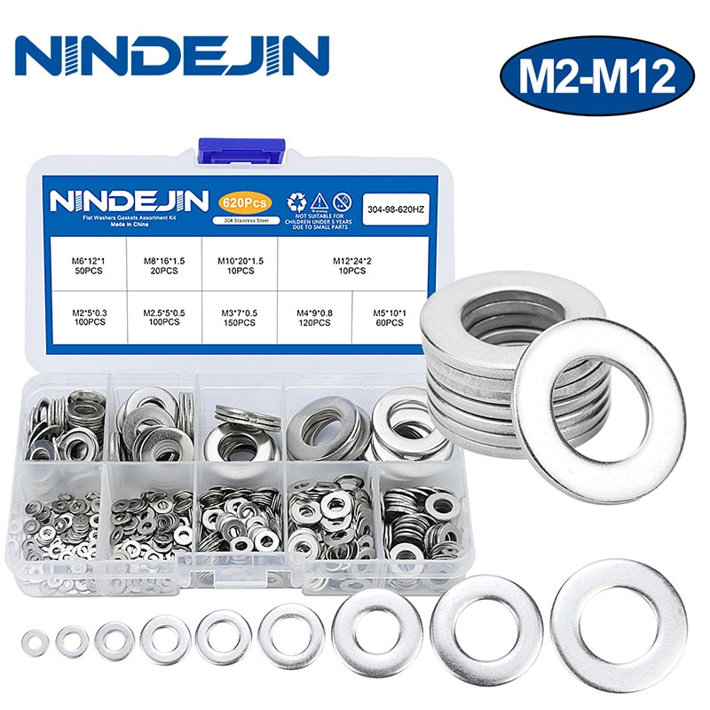 620/1010pcs Flat Washer Set Stainless Steel M2 M3 M4 M5 M6 M8 M10 M12 Ring Gasket Set Plain Washers Metal Washer Assortment Kit