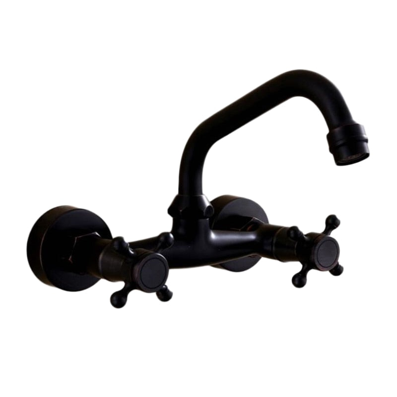 Wall Mounted Kitchen Faucets Black Wall Sink Faucet 2 Handle Hot Cold Water Mixer Tap ELM204