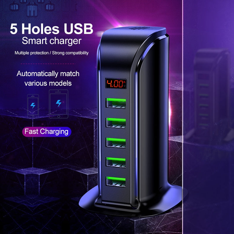 Elough 5 puertos USB cargador HUB pantalla LED Multi USB estación de carga Dock Universal teléfono móvil escritorio pared hogar UE EE. UU. Reino Unido enchufe