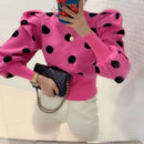 Korean Puff Sleeve Women Pullover Knitwear 2020 Spring Autumn Polka Dot Winter Top Knitted O-Neck Sweater Bottom Jumper