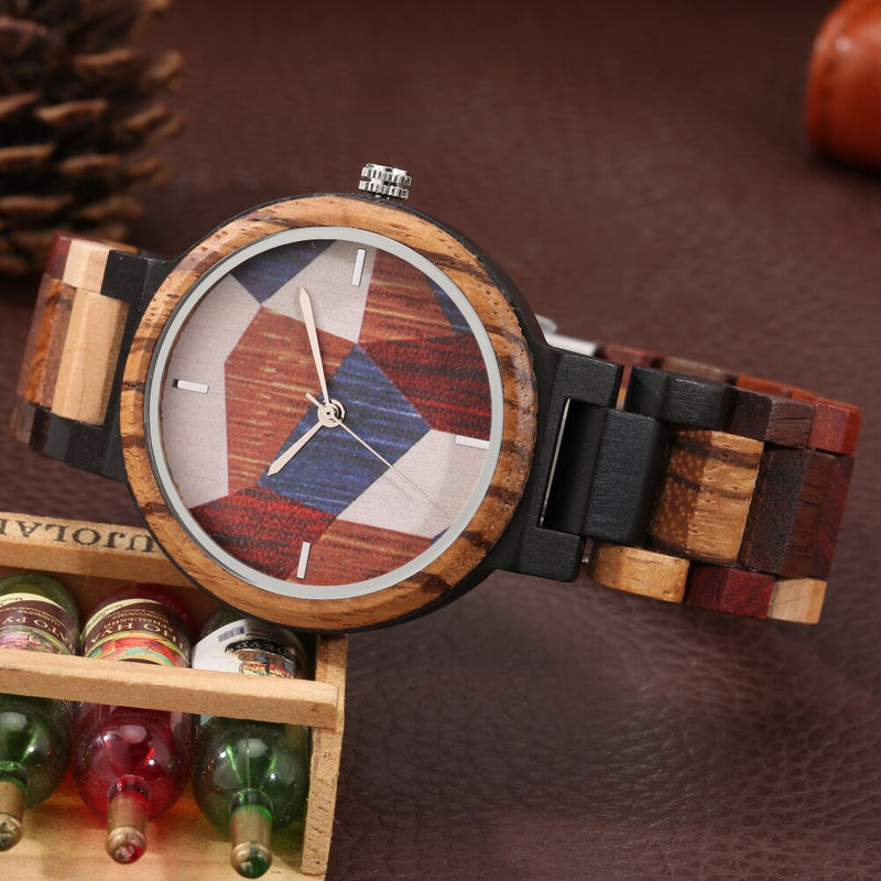 Reloj de madera con diseño de empalme de geometría Irregular único para Hombre, reloj de pulsera Retro de madera de colores mezclados ajustable, Relojes para Hombre