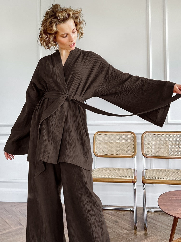 100% Baumwolle Damen Nachthemd Robe Pyjama Sets Flare Nachthemd Hosenanzüge Tropfenärmel Set Frau 2 Stück Bademantel für Frauen