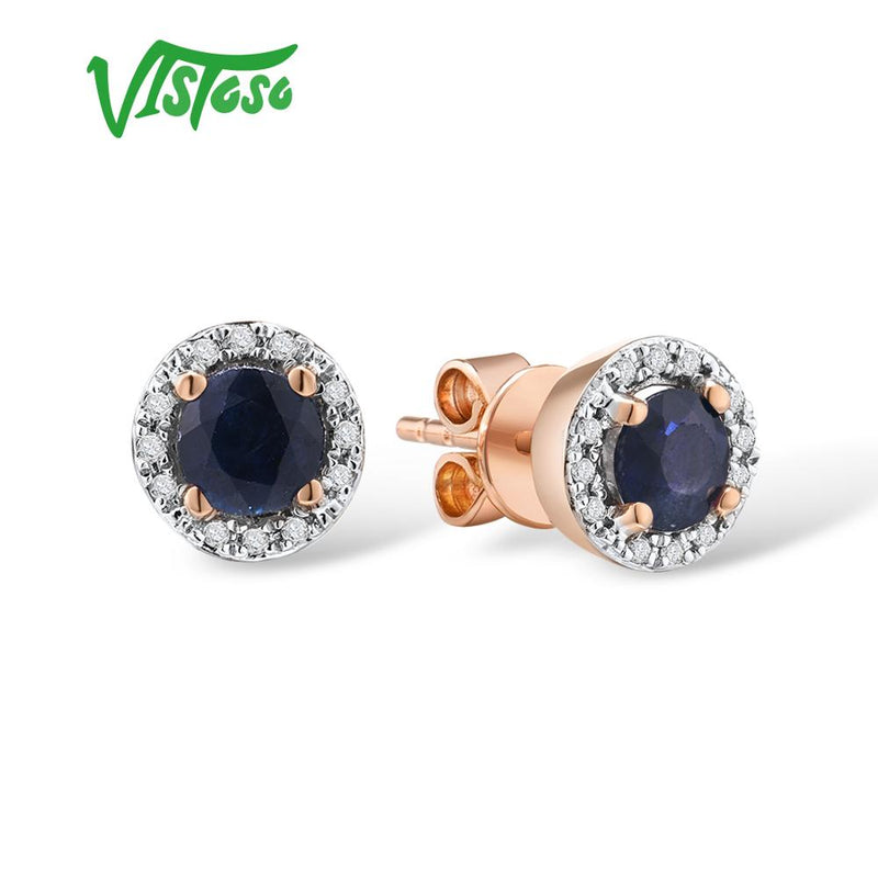 VISTOSO Goldohrringe für Damen, echtes 14 Karat 585 Gelb-Roségold, rund, 4 mm, Smaragdblau, Saphir, Rubin, Ohrstecker, feiner Schmuck