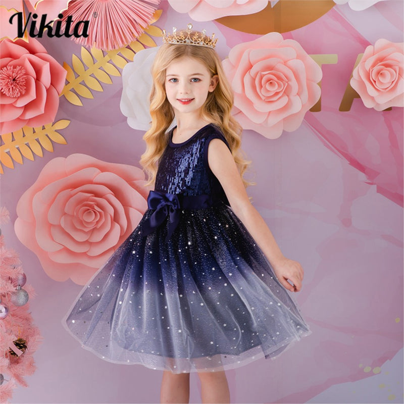 VIKITA Girls Dress Summer Kids Birthday Party Prom Dresses Kids Sequins Vestidos Kids Elegant Sleeveless Dress Girls Clothing