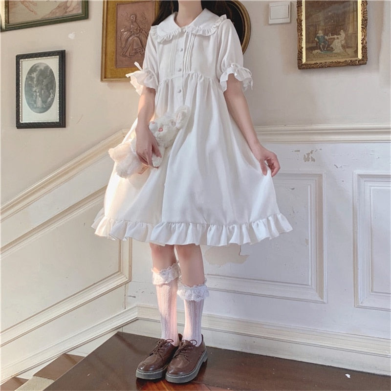 Dulce chica japonesa Lolita Drees Kawaii Peter Pan Collar Cute Ruffle Puff Sleeve Drees Color sólido Elegante Retro Lady Drees