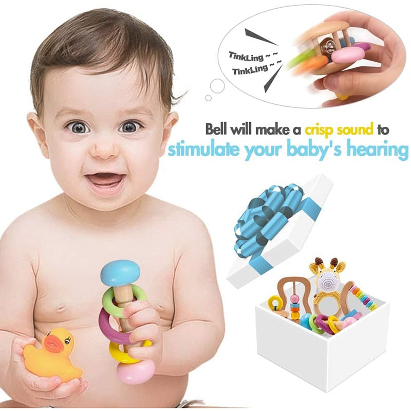 5PCS Organic Safe Wooden Toys Baby Montessori Toddler Toy Grip DIY Crochet Rattle Soother Bracelet Teether Toy Set Baby Product