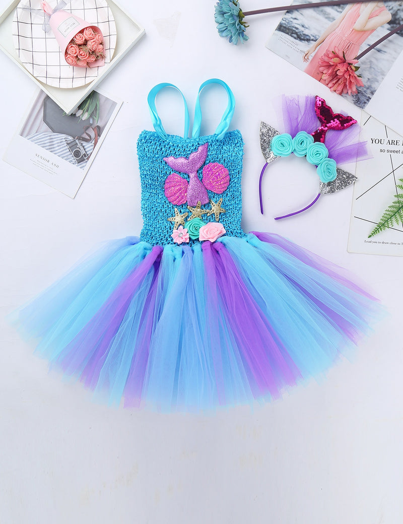 Kinder Mädchen Meerjungfrau Prinzessin Kleid Ärmelloses Mesh Tutu 3D Blume Haarband Set Kinder Halloween Thema Party Cosplay Kostüm