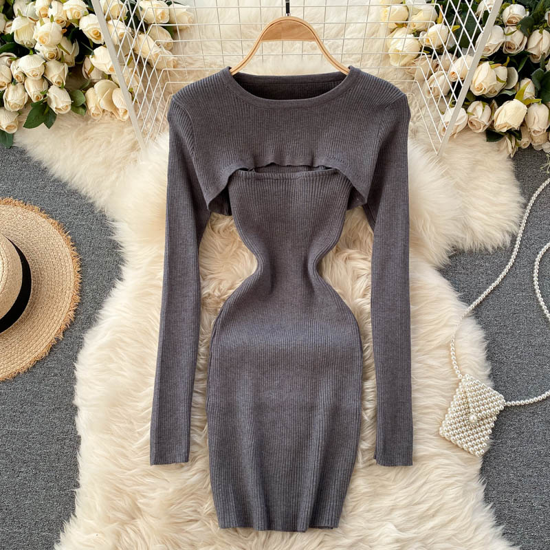 Foamlina Striped 2 Piece Set Women Fashion Streetwear Long Sleeve Knit Pullover Crop Top + Spaghetti Strap Bodycon Dress Suits