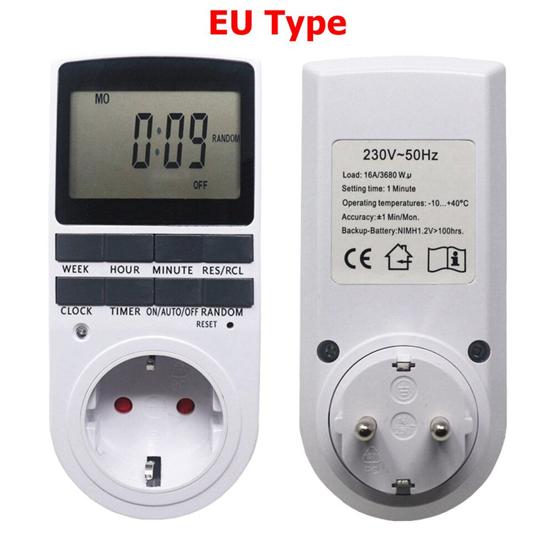 Interruptor de temporizador programable enchufable EU BR FR UK, 230V, 50Hz, con función aleatoria de horario de verano para interruptor de temporizador de cocina