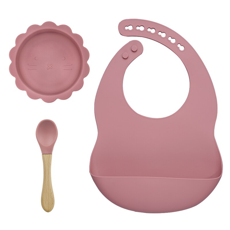 BPA Free Baby Silicone Tableware Waterproof Bib Flexible Saliva Towel Solid Color Sucker Bowl And Spoon For Children