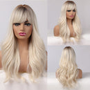 GEMMA Synthetic Long Wavy Dark Brown Golden Highlight Wig for Black Women African American Cosplay Wig with Bangs Heat Resistant