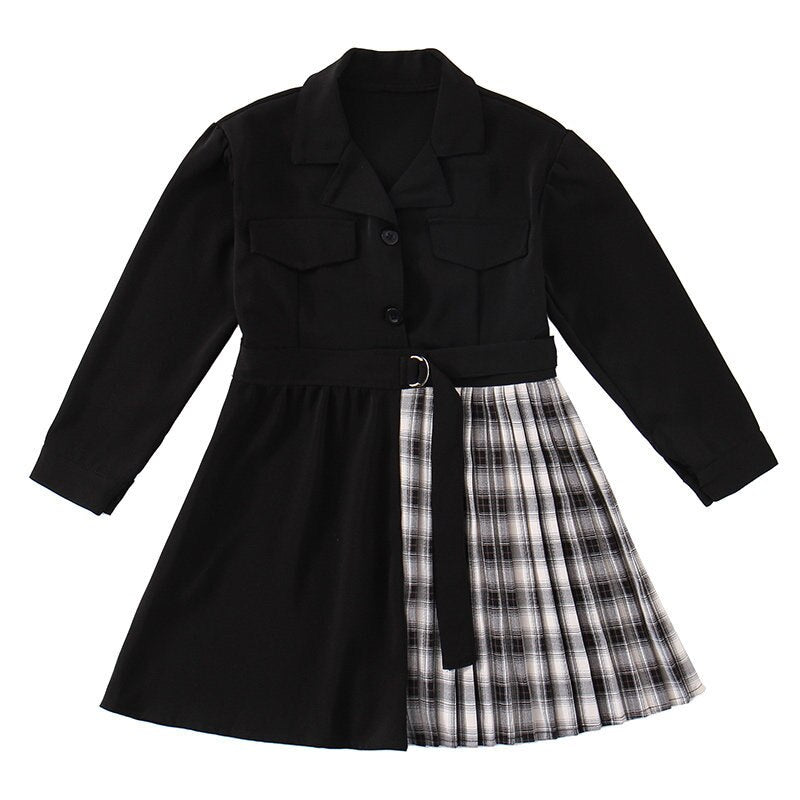 Niños Blazer vestido 2022 niña Formal negro Blazer vestido traje chaqueta moda femenina niños costura Plaid Blazer traje de fiesta