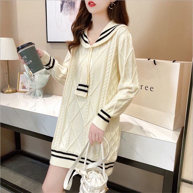 Mid-length Sweater 2022 New Women Loose Outer Wear Navy Style Korean Style Western Style Autumn Knitted Dress Trend