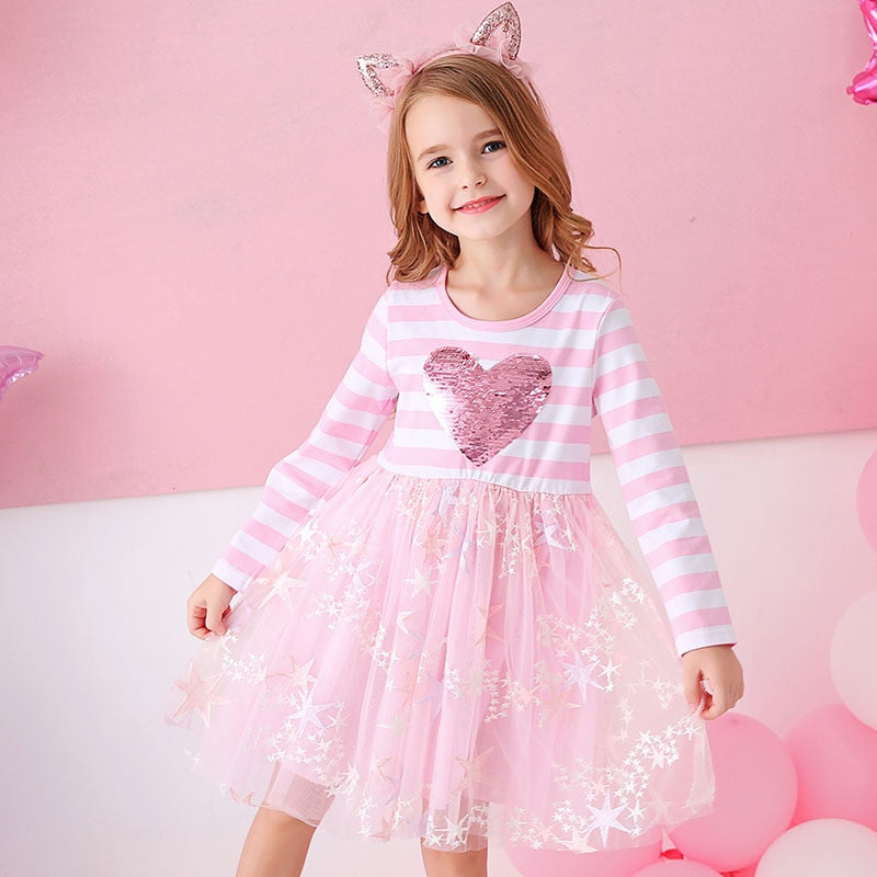 VIKITA, vestido a rayas para niñas, vestido de princesa para niños, vestidos con diseño de corazón para niñas, ropa informal escolar para niñas, ropa para niños