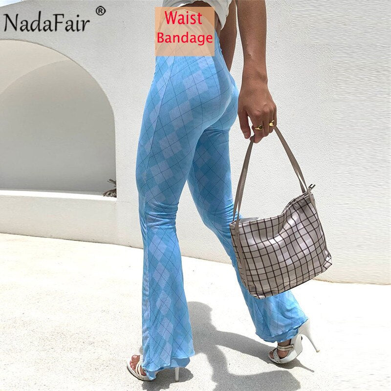 Nadafair Tie Dye Hose Y2K Ästhetische Kleidung 2021 Farbverlauf Sexy Hosen Frauen Geraffte Bandage Hohe Taille Schlaghose