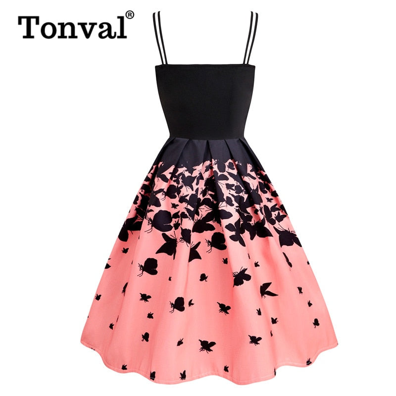 Tonval Pink 50S Vintage estampado de mariposa elegante fiesta plisado vestido de verano mujeres doble correa Fit y Flare vestidos de cintura alta