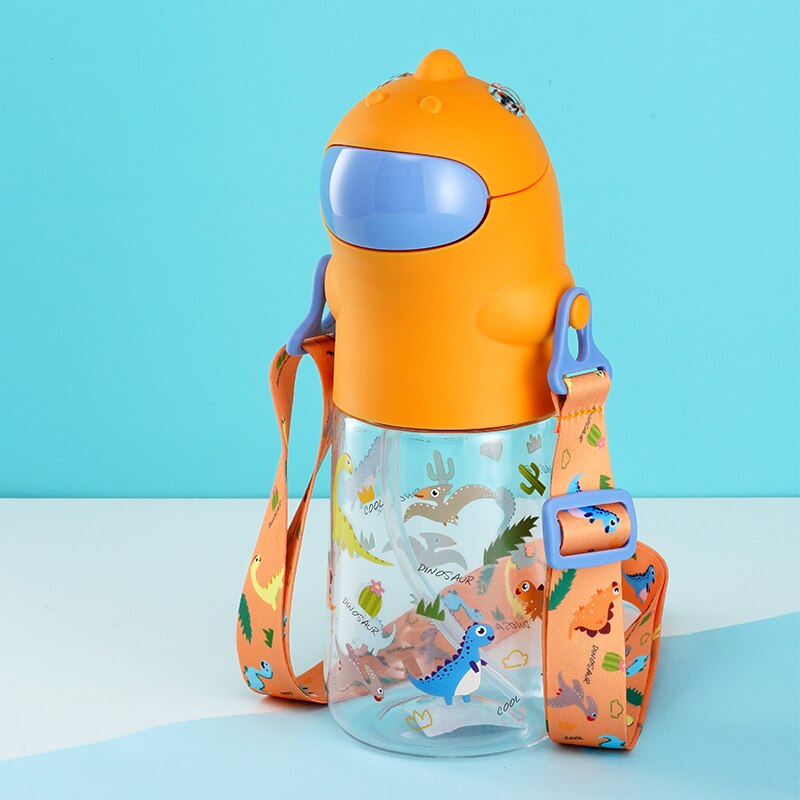 Nueva tetera de paja para niños Pinkah con correa para el hombro, botella de agua de plástico portátil para escuela, forma creativa de dinosaurio de dibujos animados, 450ML