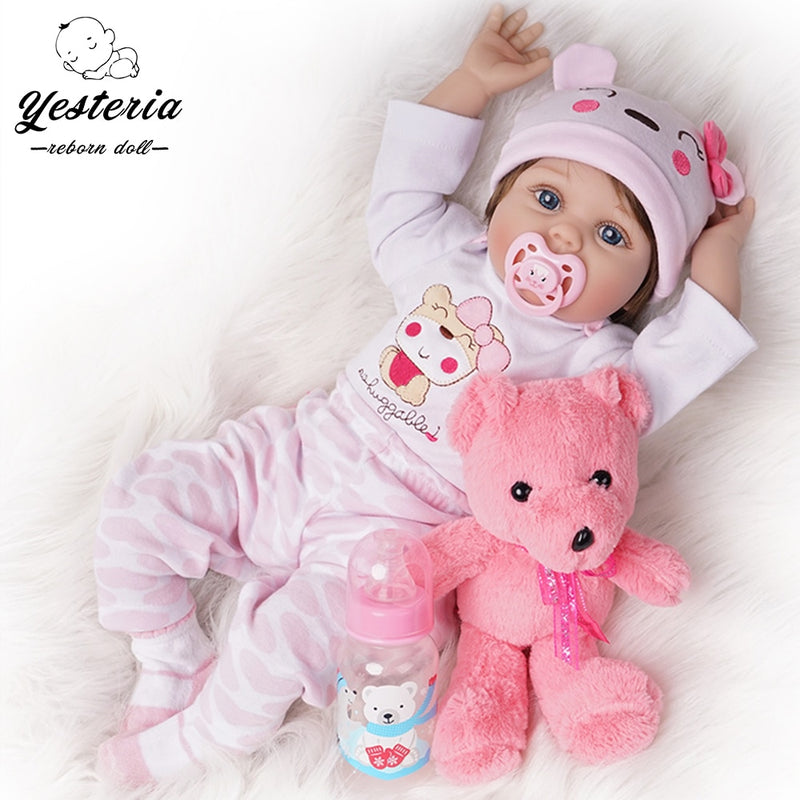 55cm Reborn Baby Doll Newborn Bebe Girl Vinilo de silicona Traje rosa claro