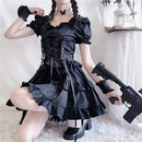 Victorian Renaissance Black Gothic Lolita Dress Japanese Girl Vintage Punk Style Puff Sleeve Bandage Mini Dress Women Dresses