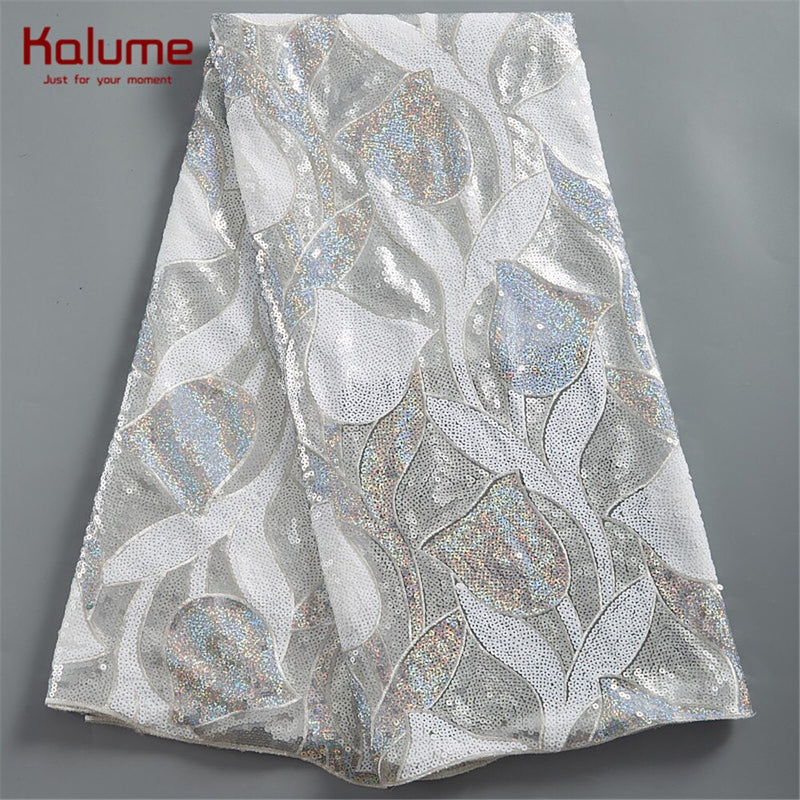 Kalume White African Tulle Lace Fabric Sequin 5 Yards 2021 Nigerian Mesh Lace Fabrics High Quality For Sew Wedding Cloth F1999