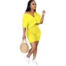 Lässiger Trainingsanzug 2-teiliges Set Crop Top + Hose Kurzarm tiefer V-Ausschnitt Sommerstoff für Frauen Outfits Solide 7 Farbe
