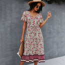 Deep V-Neck Summer Dress 2021 Beach Boho Floral Print Vintage Button Dresses Women Casual Loose A-Line Midi Long Elegant Robe